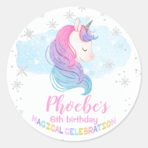 Silver Winter Unicorn Birthday Classic Round Sticker