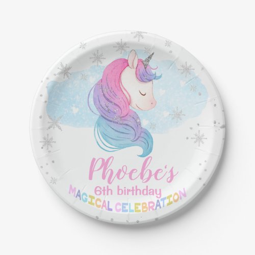 Silver Winter Unicorn Birthday Paper Plates