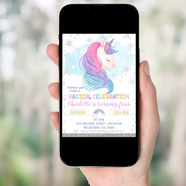 Silver Winter Unicorn Rainbow Birthday Invitation (Front Digital)