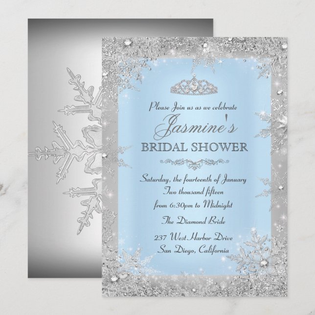 Silver Winter Wonderland Blue Bridal Shower Invitation (Front/Back)