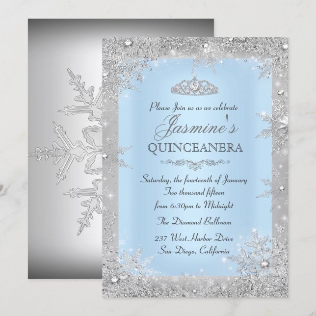 Silver Winter Wonderland Blue Quinceanera Invite (Front/Back)