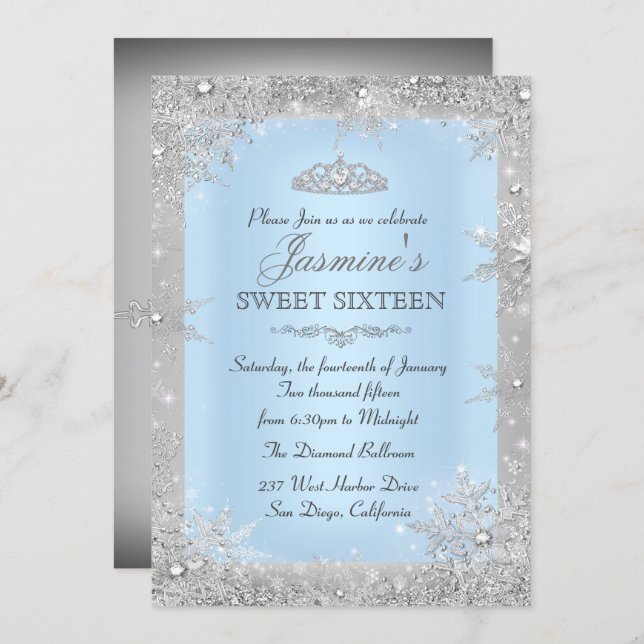 Silver Winter Wonderland Blue Sweet 16 Invitation (Front/Back)