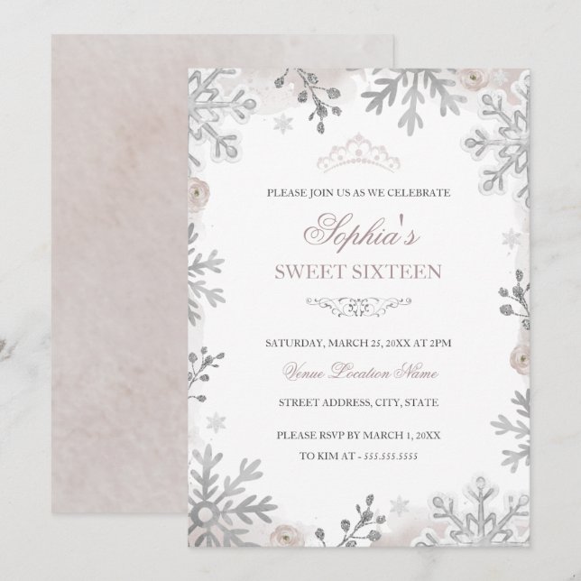 Silver Winter Wonderland Blush Sweet 16th Birthday Invitation (Front/Back)