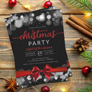 Silver Winter Wonderland Family Xmas Red Ribbon Invitation