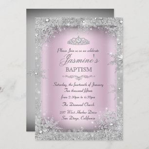 Silver Winter Wonderland Pink Baptism Christening Invitation