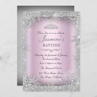 Silver Winter Wonderland Pink Baptism Christening Invitation