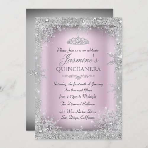 Silver Winter Wonderland Pink Quinceanera Party Invitation