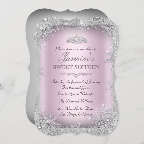Silver Winter Wonderland Pink Sweet 16 Invite 2