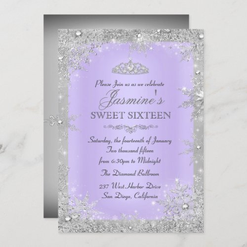 Silver Winter Wonderland purple sweet 16 Invite