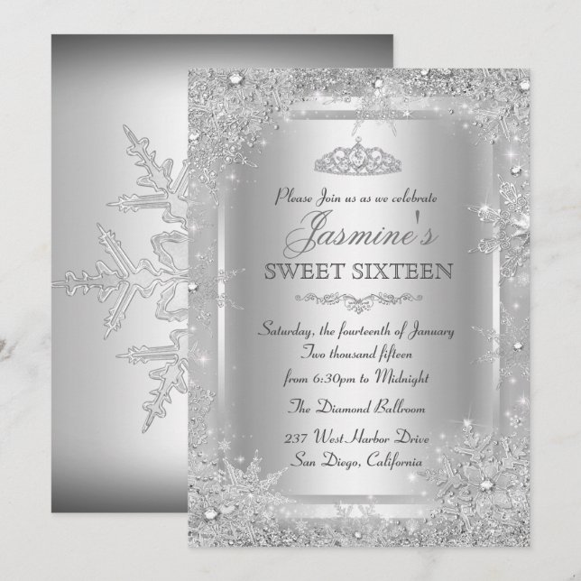 Silver Winter Wonderland Sweet 16 Invitation (Front/Back)