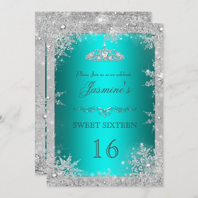 Silver Winter Wonderland teal sweet 16 Invite (Front/Back)