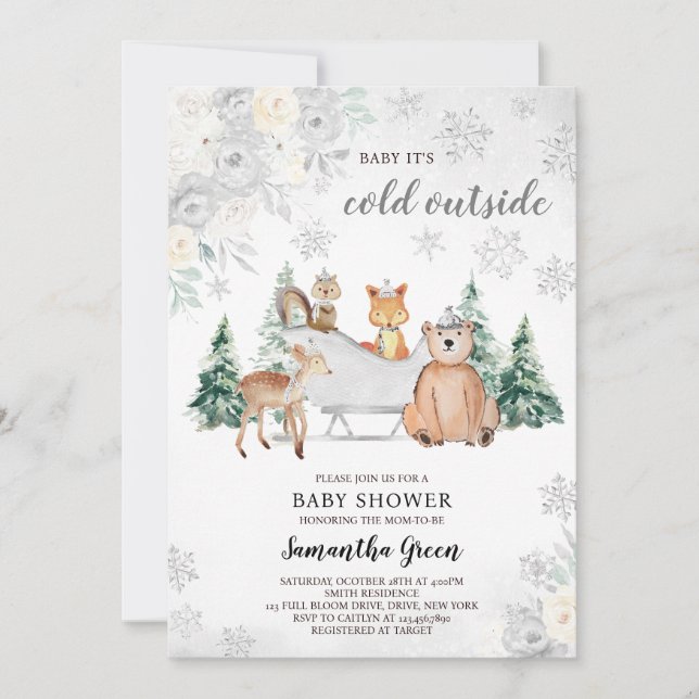 Silver Winter Woodland Baby Shower Invitation (Front)