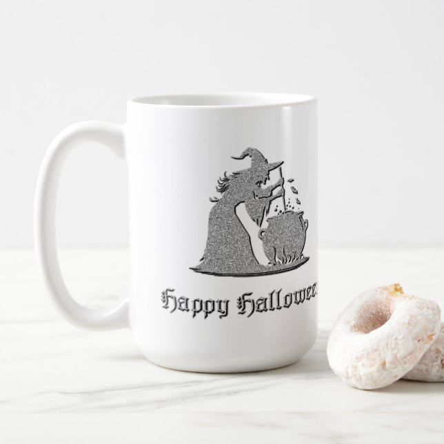 Silver Witch & Cauldron Halloween Coffee Mug (With Donut)