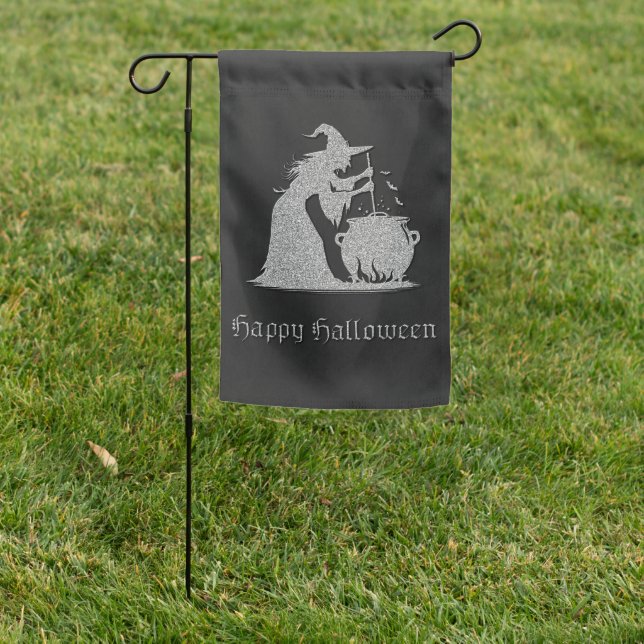 Silver Witch & Cauldron Halloween Garden Flag (In SItu)