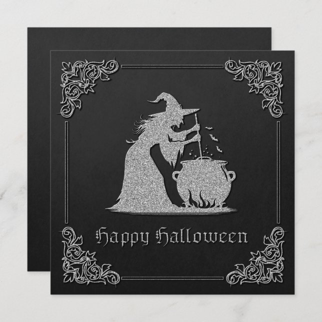 Silver Witch & Cauldron Halloween Greeting Card (Front/Back)
