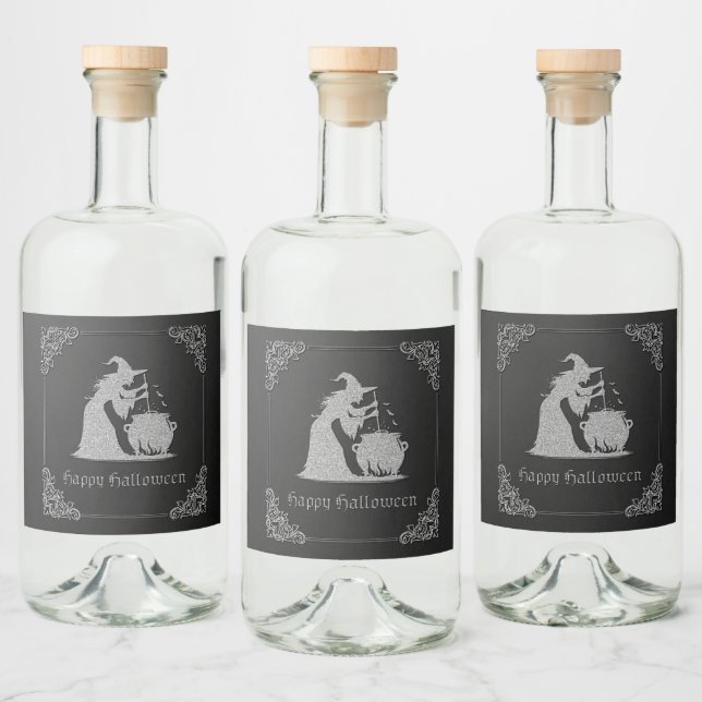 Silver Witch & Cauldron Halloween Liquor Bottle Label (Bottles)