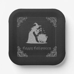 Silver Witch & Cauldron Halloween Paper Plates