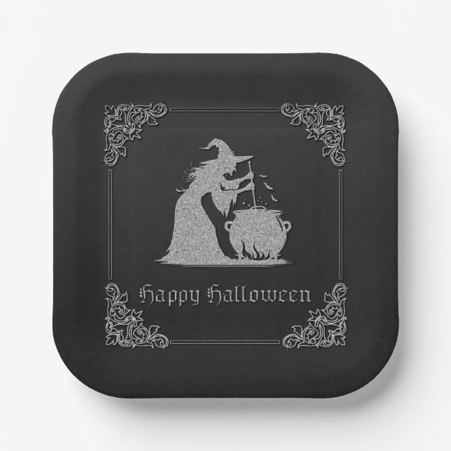 Silver Witch & Cauldron Halloween Paper Plates (Front)