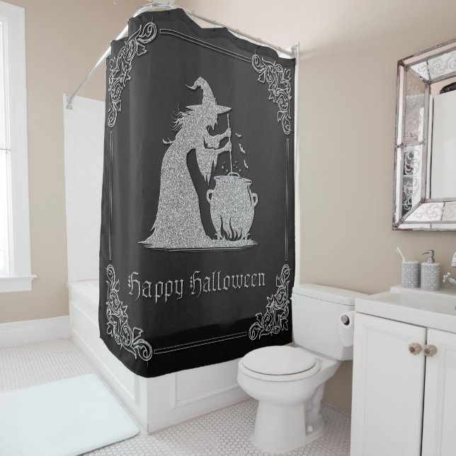 Silver Witch & Cauldron Halloween Shower Curtain (In Situ)