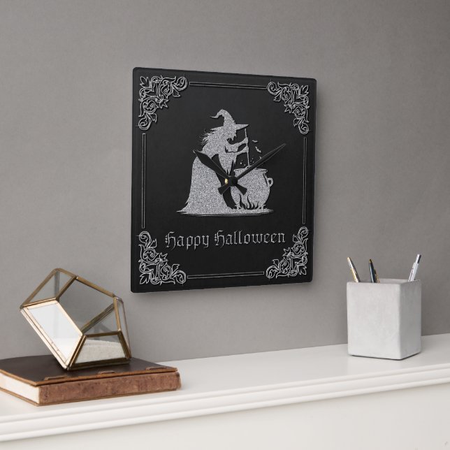 Silver Witch & Cauldron Halloween Square Wall Clock (Office)