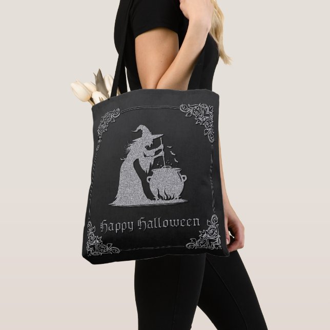 Silver Witch & Cauldron Halloween Tote Bag (Close Up)