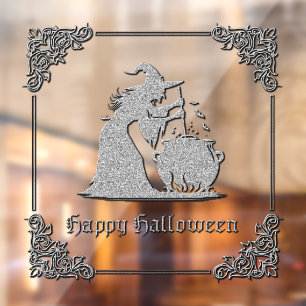 Silver Witch & Cauldron Halloween Window Cling