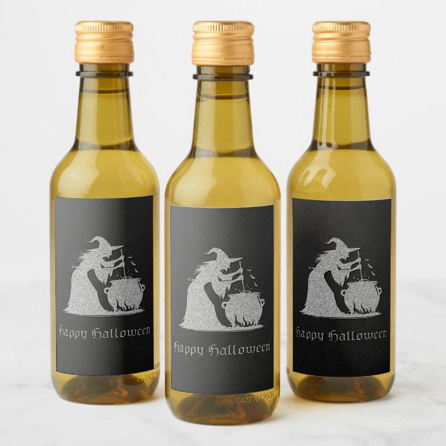 Silver Witch & Cauldron Halloween Wine Label (Bottles)