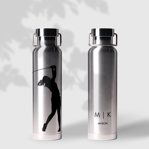 Silver with Black Modern Golfer Monogram Cute Water Bottle