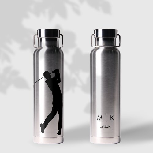 Silver with Black Modern Golfer Monogram Water Bottle