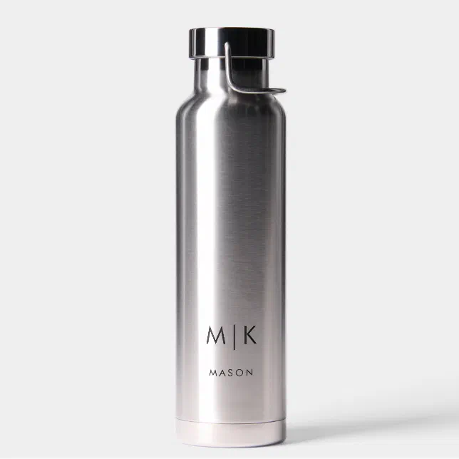 Silver with Black Modern Monogram Water Bottle | Zazzle