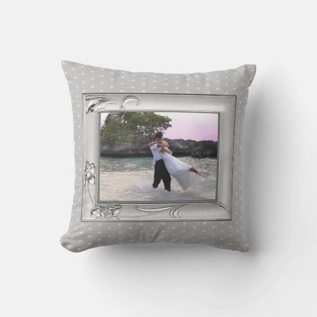Silver with Flowers Frame Gray Dots Custom Photo Throw Pillow (Front)