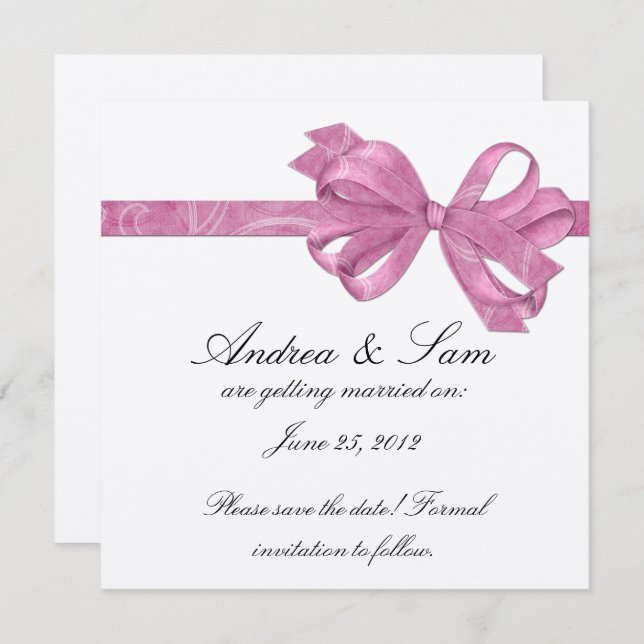 Silver with Pink Bow Ribbon Save The Date Invitation (Front/Back)