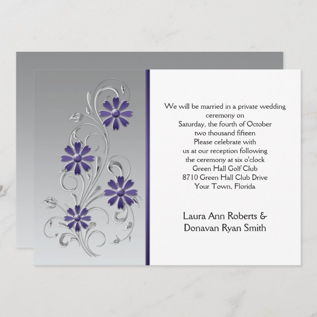 Silver with Purple Flowers Reception Only Invitation (Front/Back)