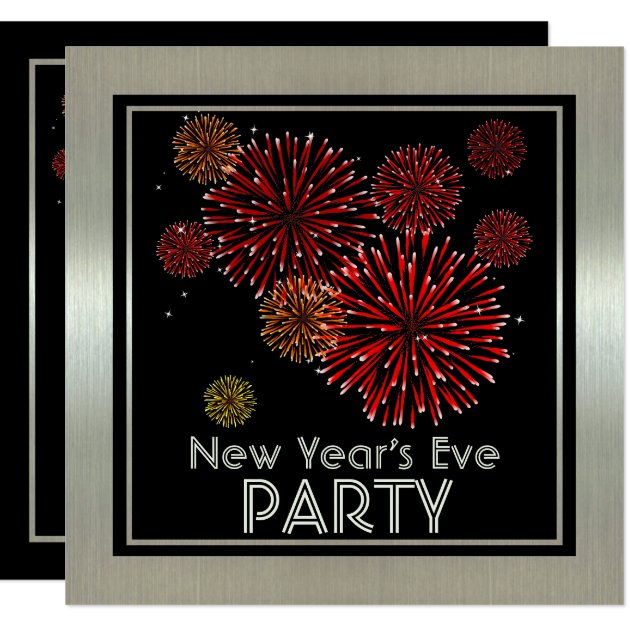Silver With Red Fireworks New Years Party Invitation
