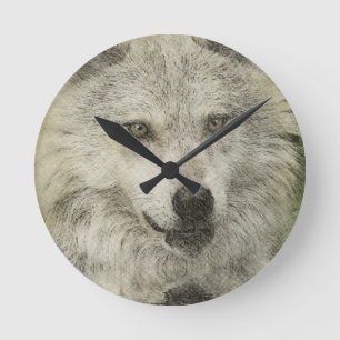 Silver Wolf Pencil Illustration Drawing Round Clock