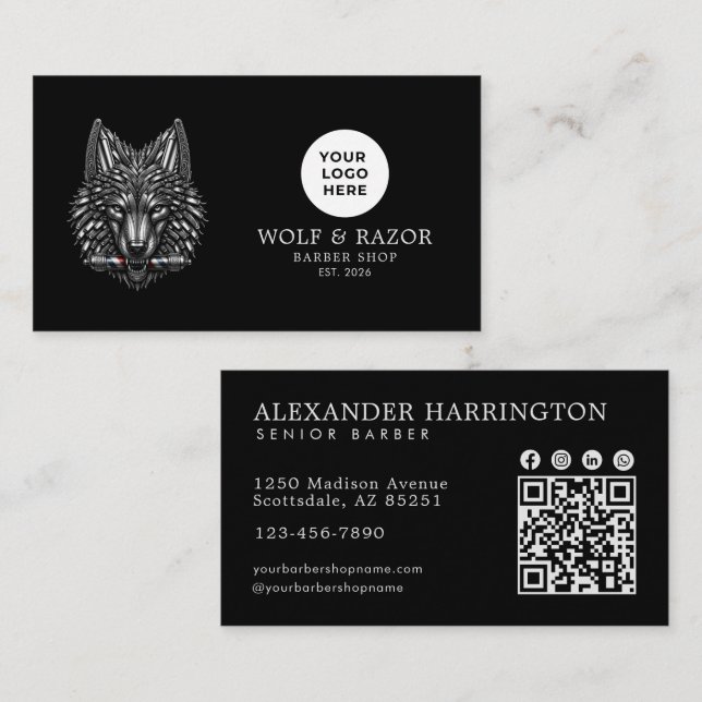 Silver Wolf Professional Barber Shop Logo Qr Code Business Card (Front/Back)