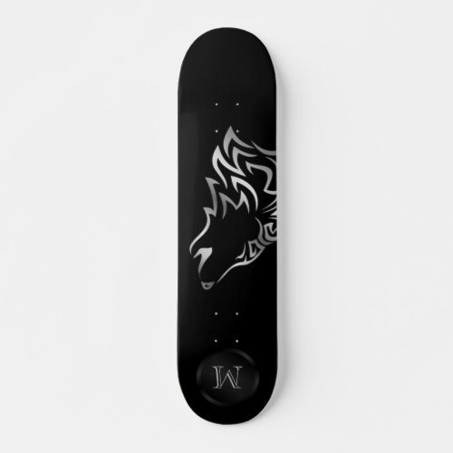 Silver Wolf Tribal Monogram Black Skateboard