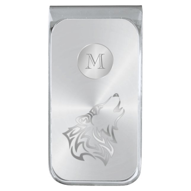 Silver Wolf Tribal Monogram Finish Money Clip (Front Vertical)