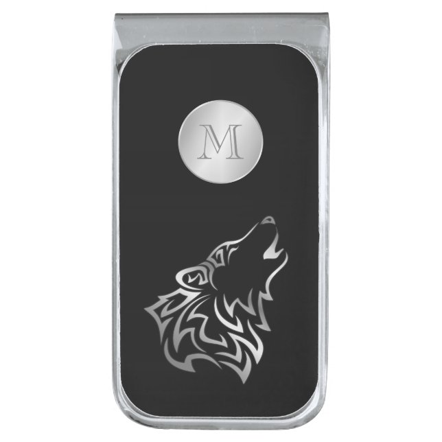Silver Wolf Tribal Monogram Silver Finish Money Clip (Front Vertical)