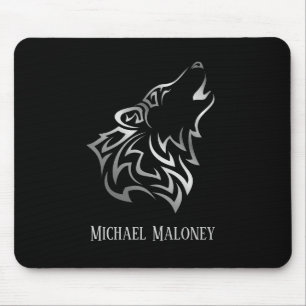 Silver Wolf Vector Tribal Monogram Black Mouse Pad