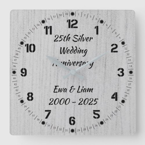 Silver Wood 25th Silver Wedding Anniversary Square Wall Clock