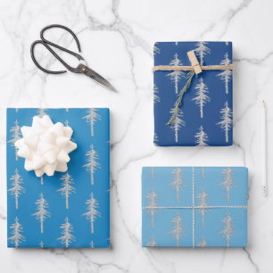Silver Woodland Pine Tree Forest Blue Navy Trio Wrapping Paper Sheets