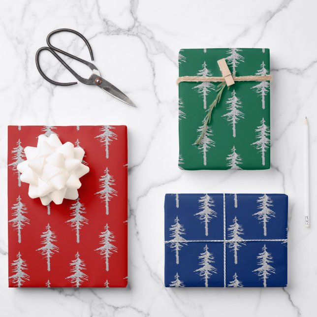 Silver Woodland Pine Tree Forest Green Red Blue Wrapping Paper Sheets (Front)