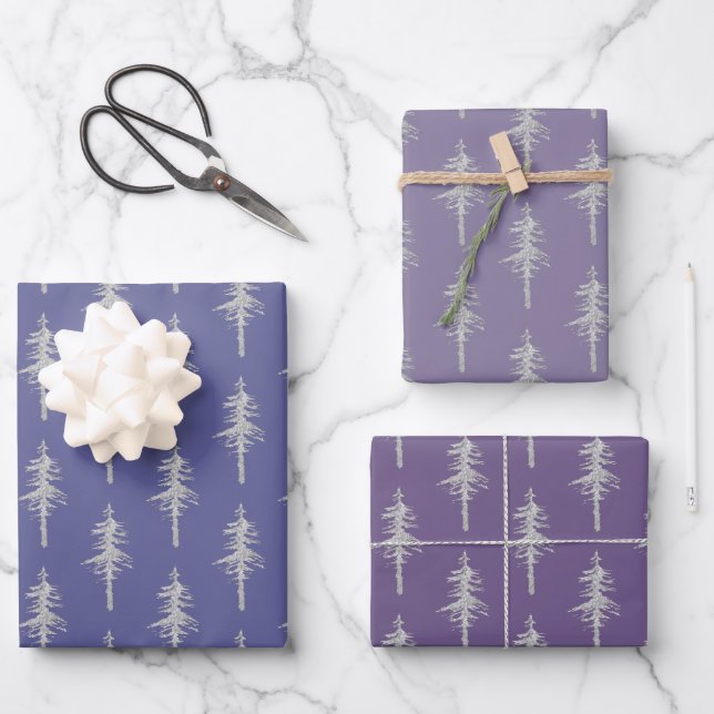 Silver Woodland Pine Tree Forest Mulberry Purple Wrapping Paper Sheets (Front)