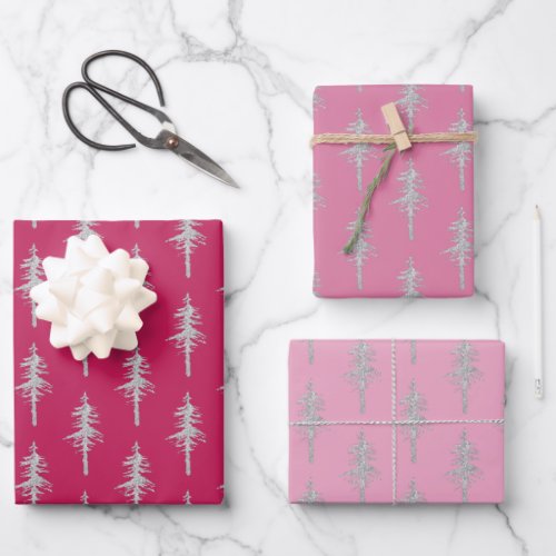 Silver Woodland Pine Tree Forest Pink Raspberry Wrapping Paper Sheets