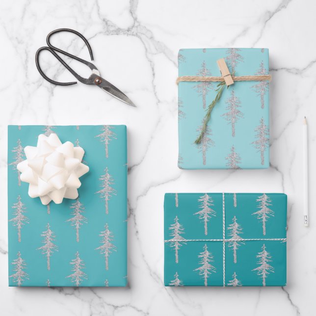 Silver Woodland Pine Tree Forest Teal Turquoise Wrapping Paper Sheets (Front)