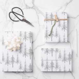Silver Woodland Scraggly Sparse Spruce Tree Forest Wrapping Paper Sheets