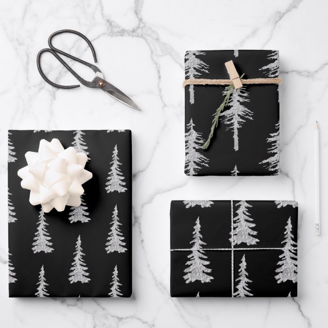Silver Woodland Spruce Trees Forest Black Wrapping Paper Sheets (Front)