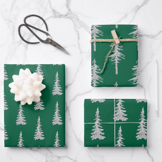 Silver Woodland Spruce Trees Forest Green Wrapping Paper Sheets (Front)