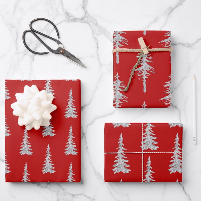 Silver Woodland Spruce Trees Holiday Red Wrapping Paper Sheets (Front)